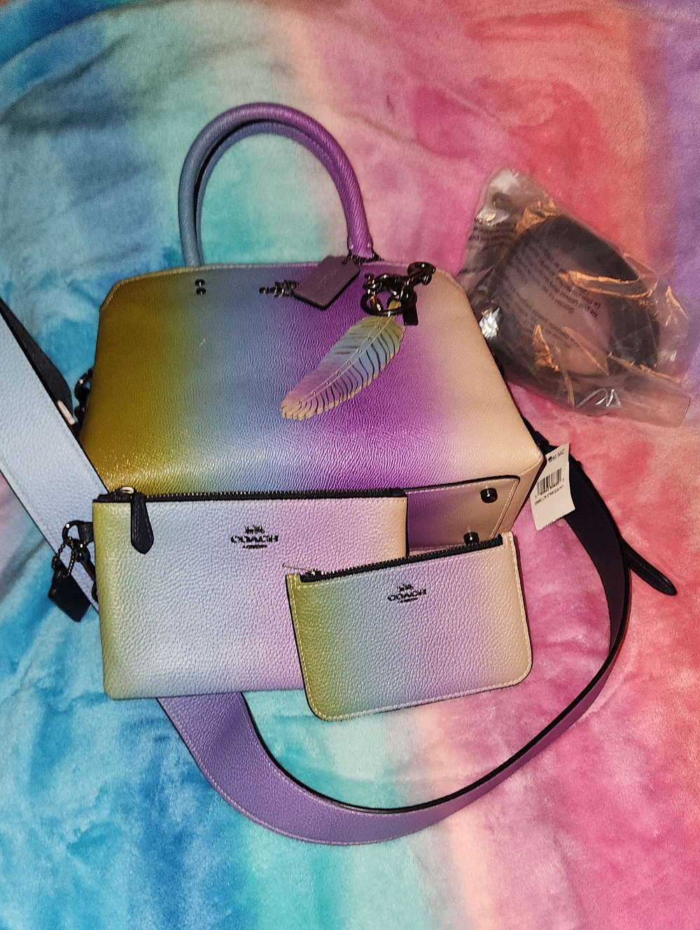 Coach Ombre Rainbow Purse, Strap, Feather, Wristlet, And Coin Case Set